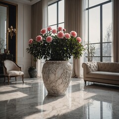 A luxurious modern living room with a Camellia plant in an intricately carved marble pot by a large floor-to-ceiling window.