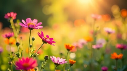Obraz premium Colorful flower meadow with sun rays and bokeh - nature background banner with copy space - summer greeting card wildflowers spring flowers 