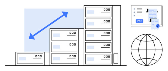 Business growth with server stacks and rising arrow, online payment screen in corner, and globe icon symbolizing worldwide connectivity. Ideal for business development, finance, technology, global