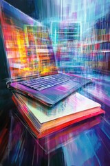Vibrant Digital Art of Laptop on Books Reflecting Futuristic Technology and Education Trends