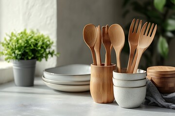 Wooden kitchen utensils and ceramic dishware on a table