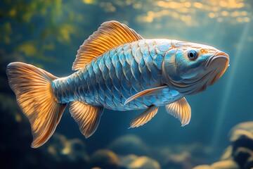 Fototapeta premium Golden-orange finned, blue scaled fish underwater.