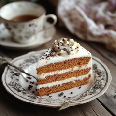 Vintage Tea-Inspired Cake Slice on Elegant Plate with Soft Lighting