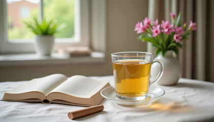 Obraz premium Relaxing cup of herbal tea with a book and flowers, cozy ambiance