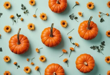 A flat lay of pumpkins and flowers on a pastel colored background