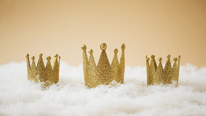 3 Three Golden Shiny Crowns of 3 Three Kings, the Wise Men, Epiphany, Minimalistic against Neutral Clean Background with Copy Space