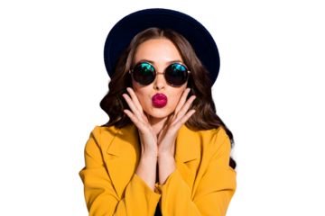 Photo of adorable lady sending air kisses wear specs yellow costume isolated purple background