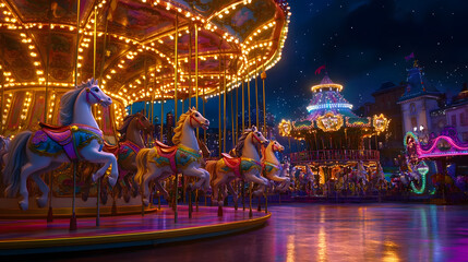 captivating scene of traditional merry go round with illuminated horses, vibrant colors, and festive atmosphere at night, creating magical experience for all ages