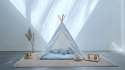 charming indoor play setup featuring white teepee, soft cushions, and natural decor elements. This cozy space invites creativity and imagination for children