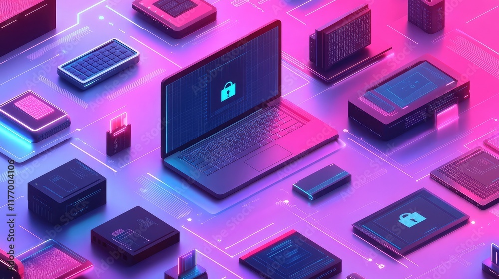 Poster secure network visuals with cybersecurity and encryption icons on digital devices