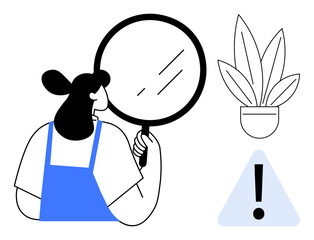 Person holding magnifying glass, inspecting closer, potted plant, and caution exclamation mark sign. Ideal for concepts of analysis, research, attention to detail, discovery, caution safety