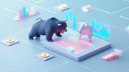 Bear and bull market symbols with digital graphs and coins displayed
