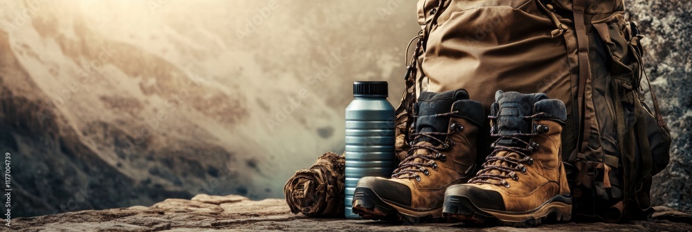 Aufkleber Backpacking gear on rocky terrain with ample space for adding text and design elements in an outdoor adventure setting. Generative AI