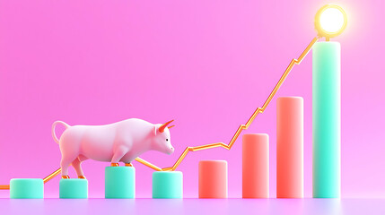 bull standing on colorful bar graph, symbolizing market growth and success