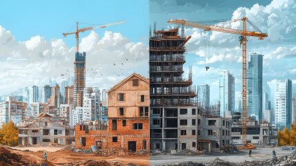 An artistic representation of home construction evolution, where one half shows mud and brick houses being built by hand, and the other half features towering cranes constructing skyscrapers 