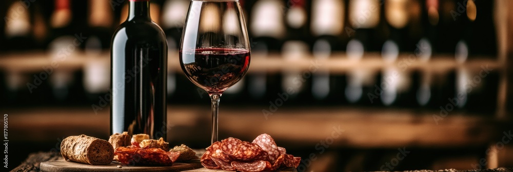 Poster elegant wine cellar with vintage bottles and a tasting table featuring red wine and charcuterie boar