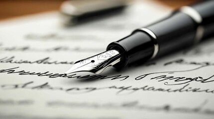 Close-up of a fountain pen poised over elegant handwritten notes, capturing the art of writing and personal expression.