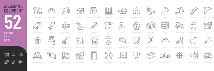 Construction Equipment and Materials Line Editable Icons set. Vector illustration in modern thin line style of construction related icons: hand, electric, machine tools, and more.  © Vectuz