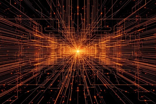 Abstract glowing lines forming a futuristic light grid on a dark background.