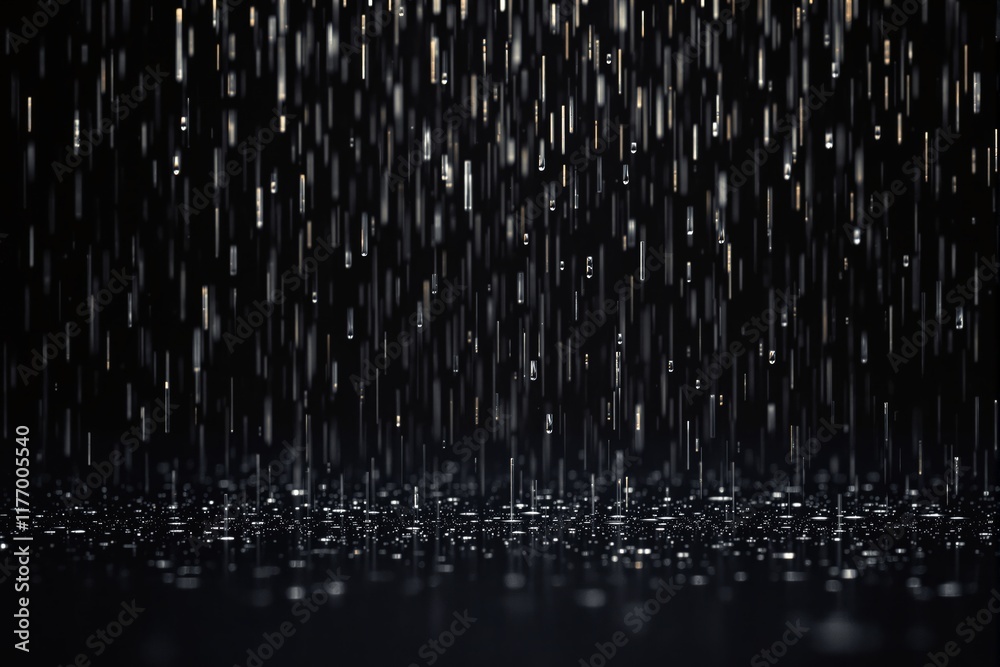Poster close-up of falling raindrops with reflections on a dark background.