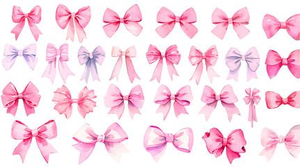 Watercolor Pink Bows Set Isolated on Transparent Background for Decorative Designs