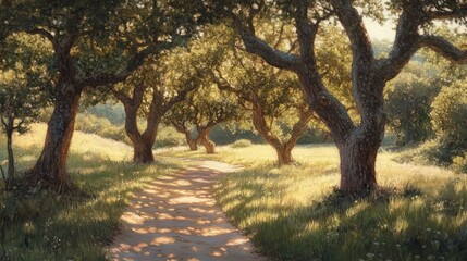 Serene countryside path lined with oak trees and dappled sunlight