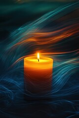 Single glowing candle surrounded by swirling colorful light trails.