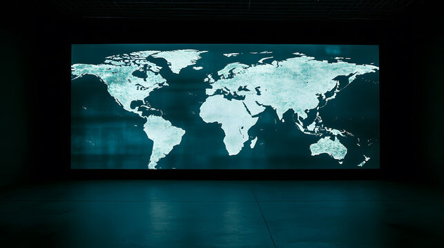 digital holographic world map displayed on dark background, showcasing geographical features and outlines. map glows softly, creating futuristic atmosphere