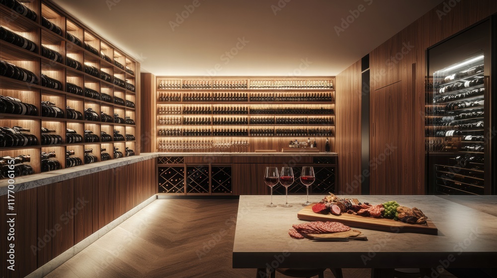 Poster elegant wine cellar featuring vintage bottles and a charcuterie board inviting a tasting experience.