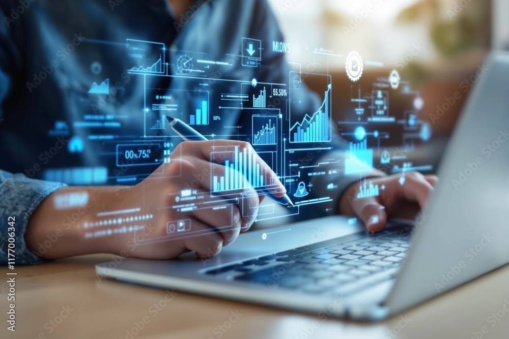 Poster Digital analytics concept with futuristic graphs and charts overlayed on a laptop screen in a light background.