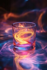 Vibrant glowing cocktail glass surrounded by swirling neon light trails.