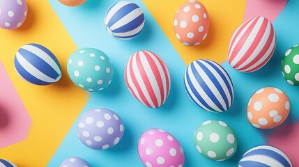 Obraz premium Easter eggs featuring playful polka dots and stripes, scattered on a vibrant background of mixed pastel hues
