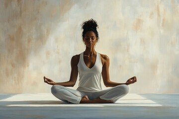 Serene woman practicing yoga in a calm studio environment, sitting in a lotus pose with a neutral background