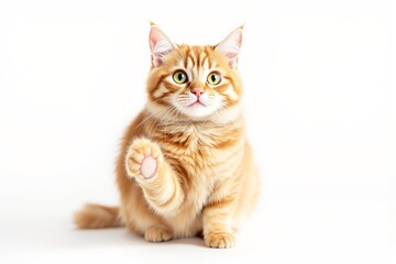 Fototapeta premium Cute ginger cat raising paw on bright white background, illustration.