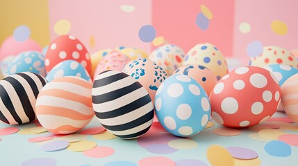 Fototapeta premium Easter eggs painted with polka dots, stripes, and floral patterns arranged on a pastel-colored background with scattered confetti