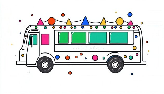 A whimsical festive bus perfect for joyful celebrations. Ideal for event invitations, party announcements, or children's book illustrations.