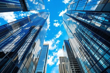 Fototapeta premium Upward view of modern glass skyscrapers against a vibrant blue sky with clouds.