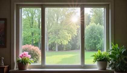 Fototapeta premium Sunlight streaming through window on spring day, natural beauty