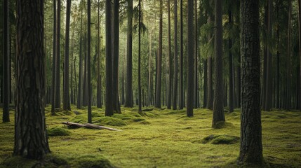 Obraz premium Serene Forest Scene: Lush Green Moss and Majestic Trees