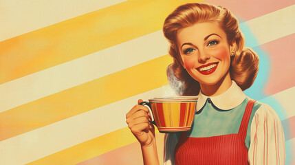 A vintage commercial style illustration of a perfect retro style traditional housewife in candy colours, smiling. Wide landscape 25:14 with copy space, text blank