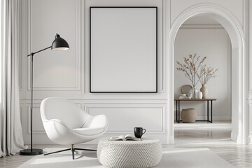 Minimalist room interior with armchair, blank frame, and decor in a neutral palette on a modern background.