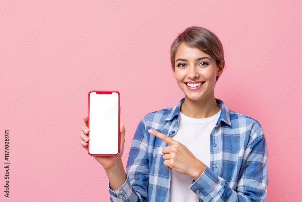 Poster woman smiling and pointing at smartphone with blank screen on pink background.