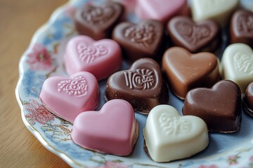 Fototapeta premium Photo of an assortment of heart-shaped chocolates in pink, white, and brown, displayed on a floral-patterned plate, creating a sweet and romantic presentation