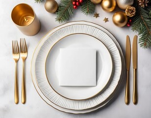 A table setting with elegant gold cutlery and a blank card for personalization