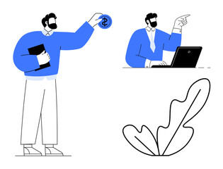 Businessman holding tablet and presenting coin concept, another working on laptop and pointing. Ideal for finance, business strategy, office work, productivity, decision making, financial services