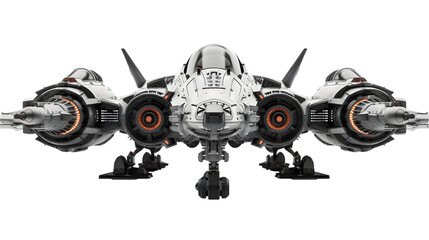 Rear perspective 3D rendering of a science fiction fantasy fighter jet powered space ship parked on the ground isolated on a transparent background