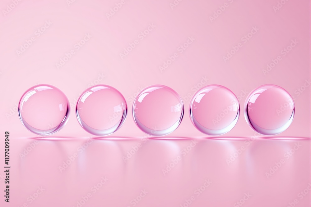 Poster Transparent pink spheres on a soft pink background in a row with reflections creating a minimalist and elegant abstract design.
