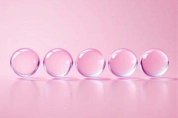 Transparent pink spheres on a soft pink background in a row with reflections creating a minimalist and elegant abstract design.