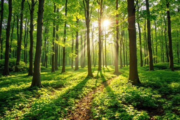 Fototapeta premium Lush green forest with sunlight streaming through the trees creating serene rays of light.