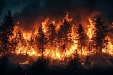 A raging wildfire engulfs a dense forest at night